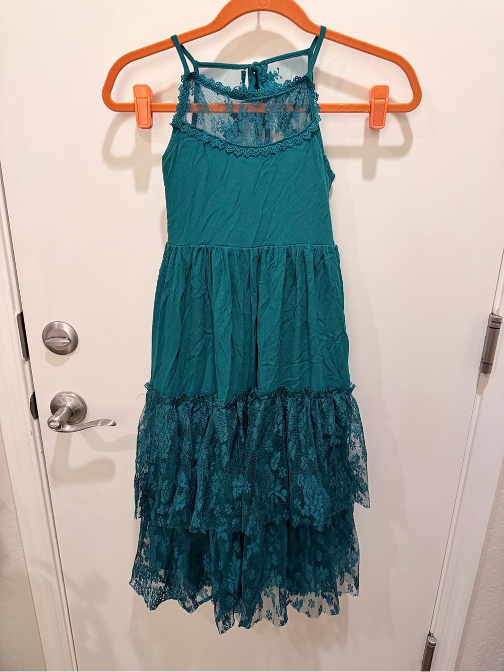 Girls Teal Lace Tiered Halter Dress